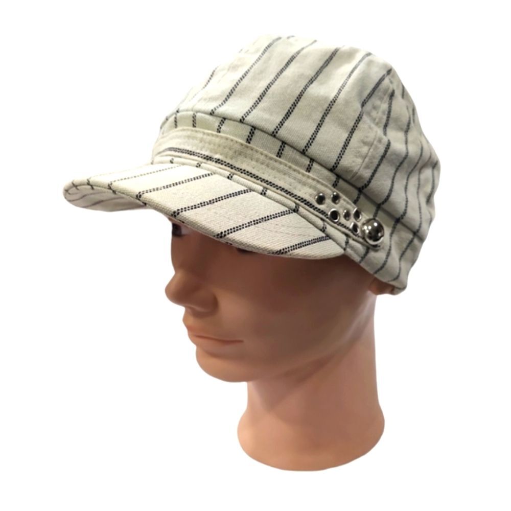 EUC 100% cotton women's stripped stud newsboy hat, black white